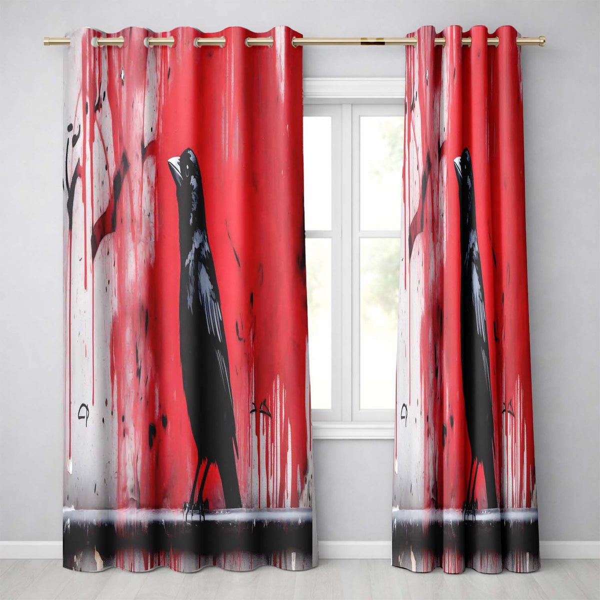 Black Crow on Red Graffiti Wall Contemporary Stylish Design for Modern Home Decor Readymade Eyelet Ring Top Thermal 100% Blackout Curtains