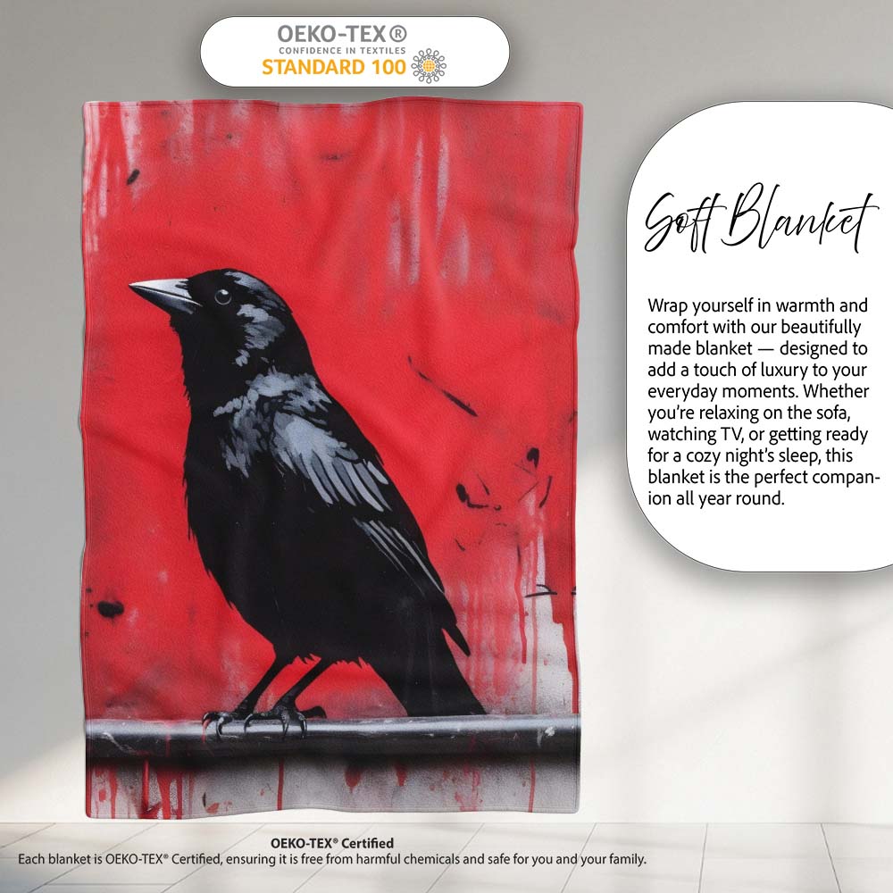 Black Crow on Red Graffiti Wall, Cozy Home Decor, All Season Comfort, Gift for Adults and Teens - Super Soft Fleece Blanket Bed Sofa Throw