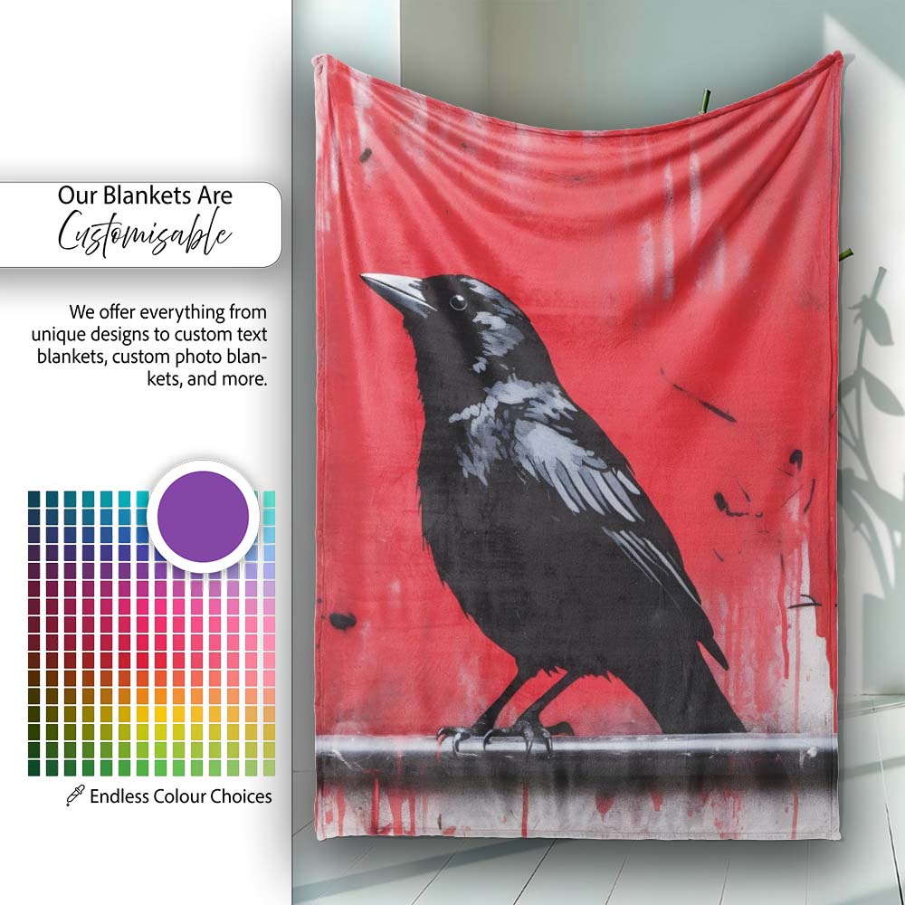 Black Crow on Red Graffiti Wall, Cozy Home Decor, All Season Comfort, Gift for Adults and Teens - Super Soft Fleece Blanket Bed Sofa Throw
