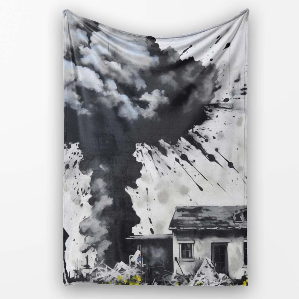 Mushroom Cloud Over House Street Art, Bedroom Living Room Accent, Thoughtful Housewarming Gift - Super Soft Fleece Blanket Bed Sofa Throw