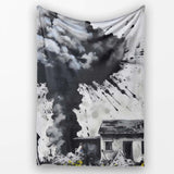 Mushroom Cloud Over House Street Art, Bedroom Living Room Accent, Thoughtful Housewarming Gift - Super Soft Fleece Blanket Bed Sofa Throw