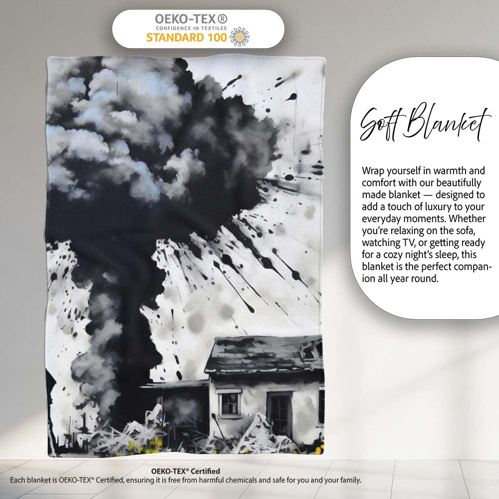 Mushroom Cloud Over House Street Art, Bedroom Living Room Accent, Thoughtful Housewarming Gift - Super Soft Fleece Blanket Bed Sofa Throw