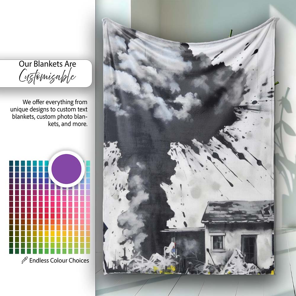 Mushroom Cloud Over House Street Art, Bedroom Living Room Accent, Thoughtful Housewarming Gift - Super Soft Fleece Blanket Bed Sofa Throw