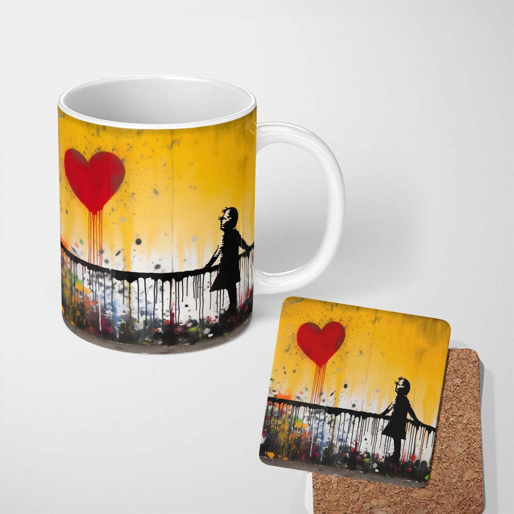 Girl Reaching for Dripping Red Heart Graffiti 11oz Ceramic Coffee Tea Mug White Large Handle