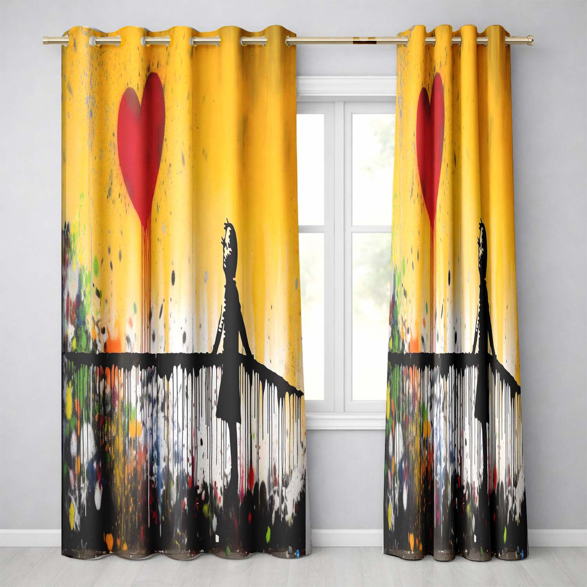 Girl Reaching for Dripping Red Heart Graffiti Bold Vibrant Artwork for Home Decor Readymade Eyelet Ring Top Thermal 100% Blackout Curtains
