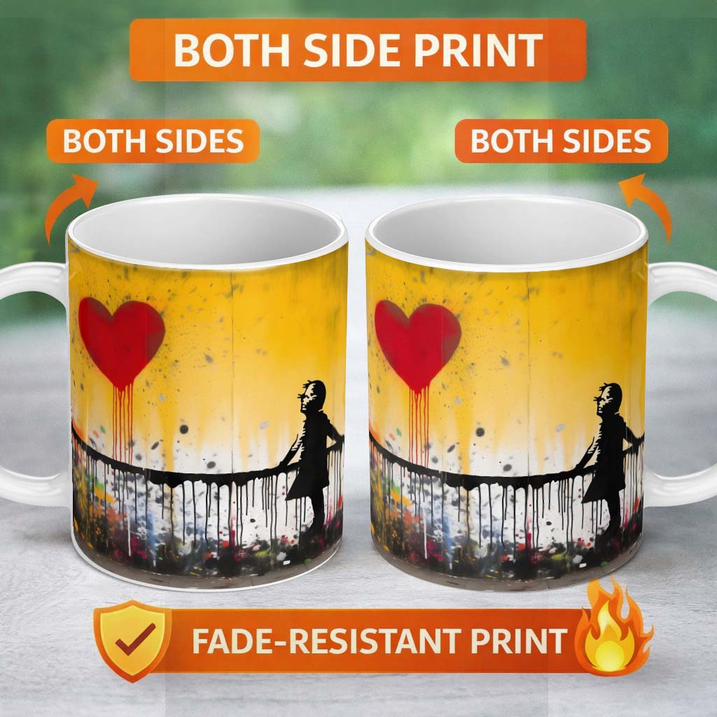 Girl Reaching for Dripping Red Heart Graffiti 11oz Ceramic Coffee Tea Mug White Large Handle