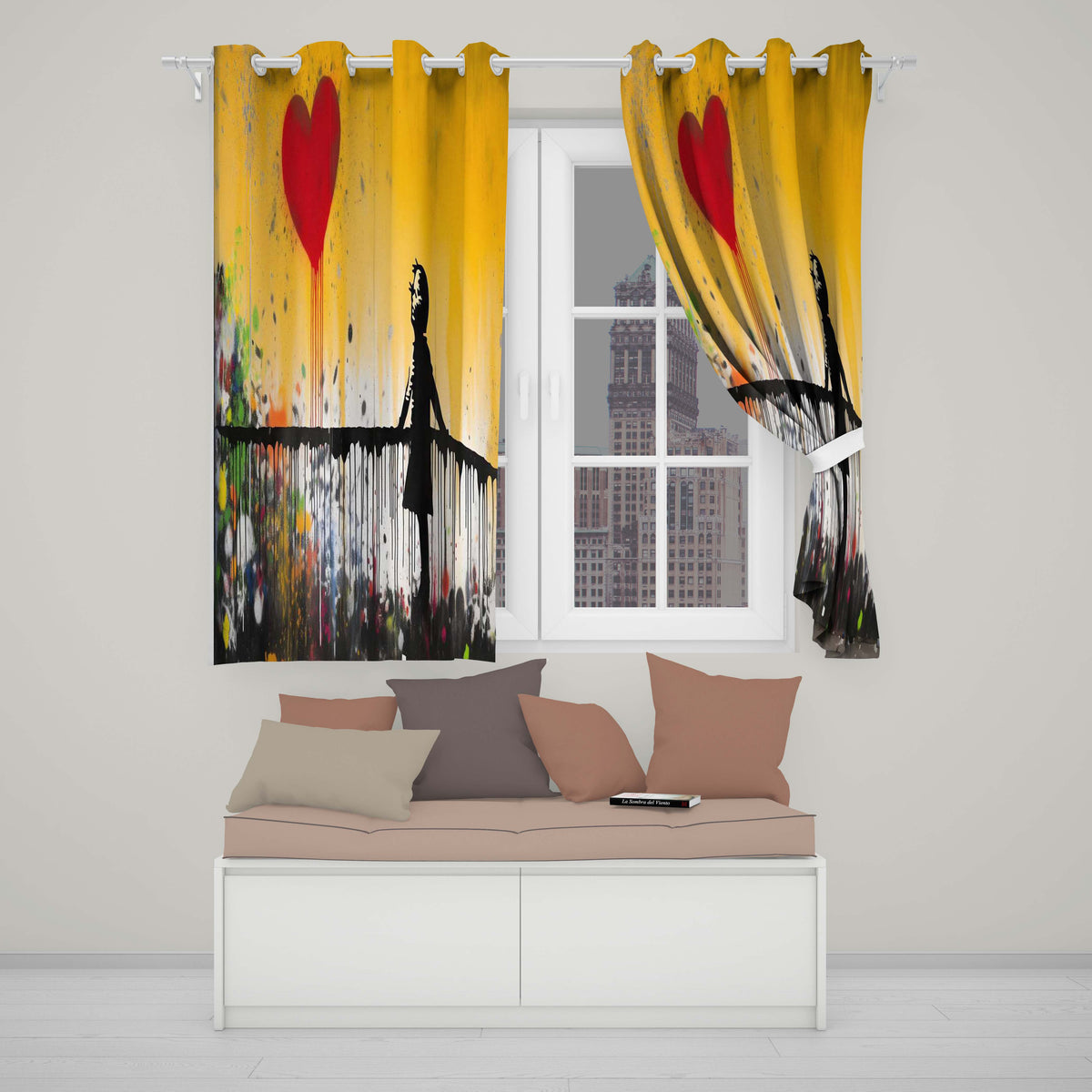 Girl Reaching for Dripping Red Heart Graffiti Bold Vibrant Artwork for Home Decor Readymade Eyelet Ring Top Thermal 100% Blackout Curtains
