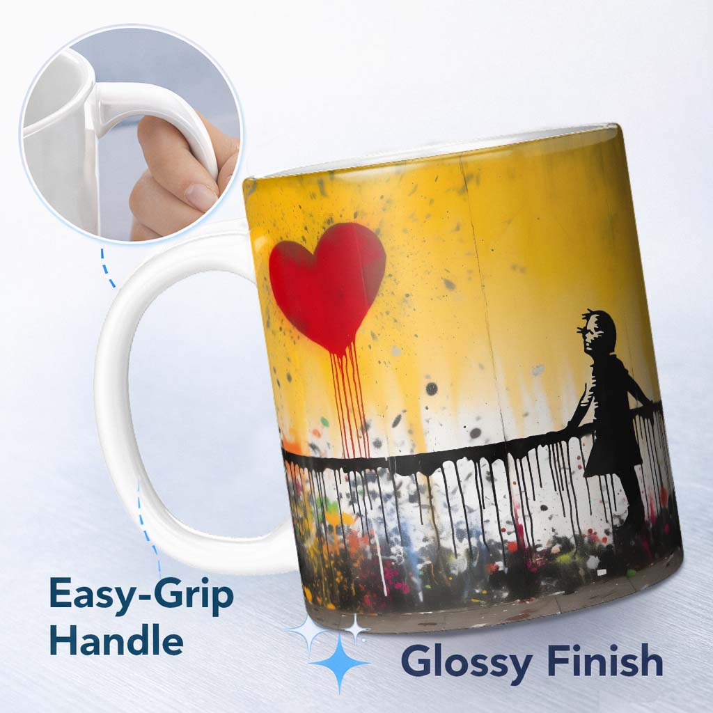 Girl Reaching for Dripping Red Heart Graffiti 11oz Ceramic Coffee Tea Mug White Large Handle