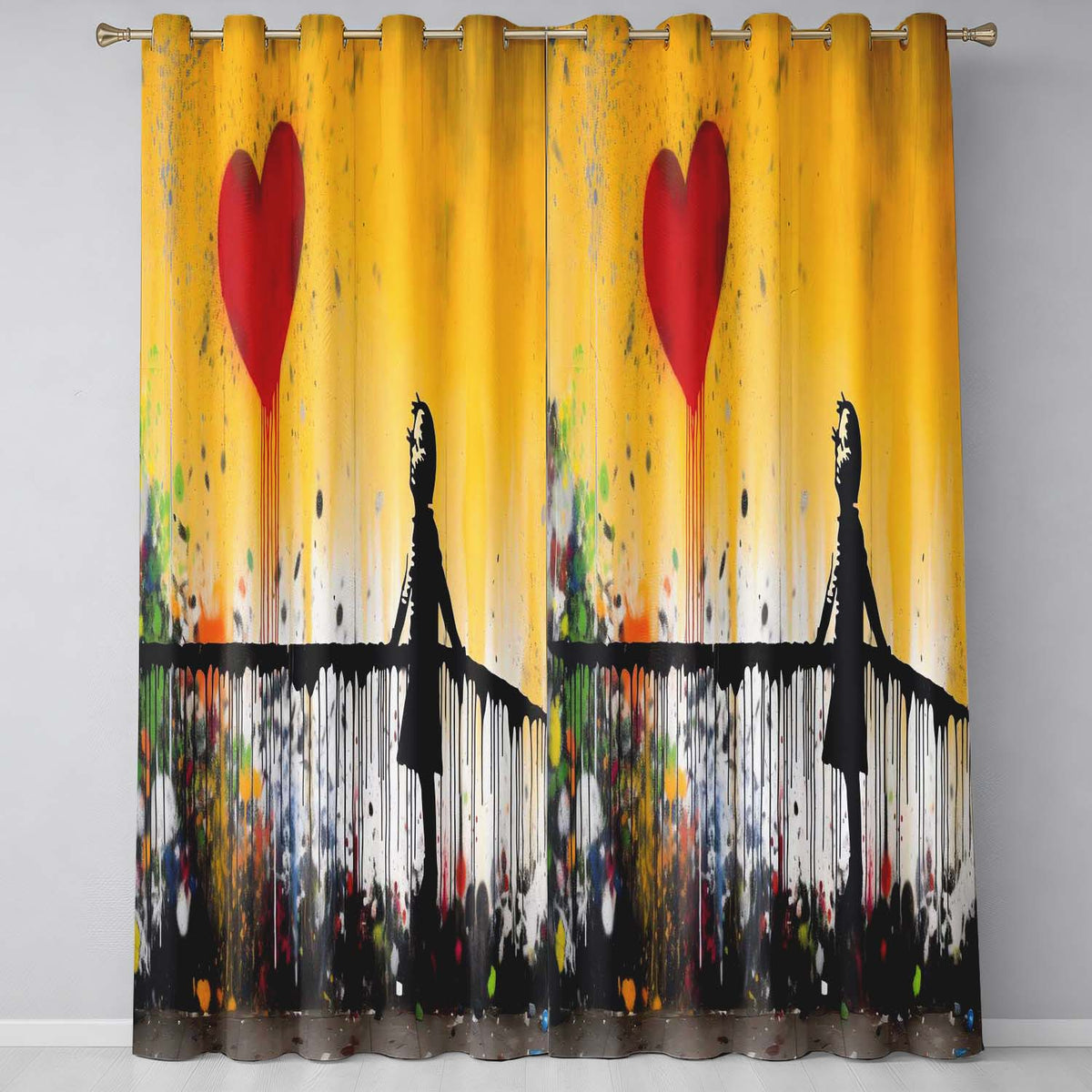 Girl Reaching for Dripping Red Heart Graffiti Bold Vibrant Artwork for Home Decor Readymade Eyelet Ring Top Thermal 100% Blackout Curtains