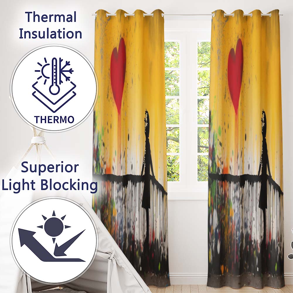 Girl Reaching for Dripping Red Heart Graffiti Bold Vibrant Artwork for Home Decor Readymade Eyelet Ring Top Thermal 100% Blackout Curtains