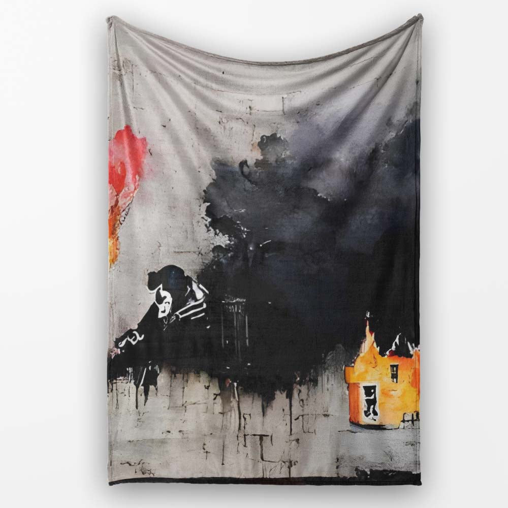 Burning Houses Anti War Street Art, Cozy Home Decor, All Season Comfort, Modern Interior Accent - Super Soft Fleece Blanket Bed Sofa Throw