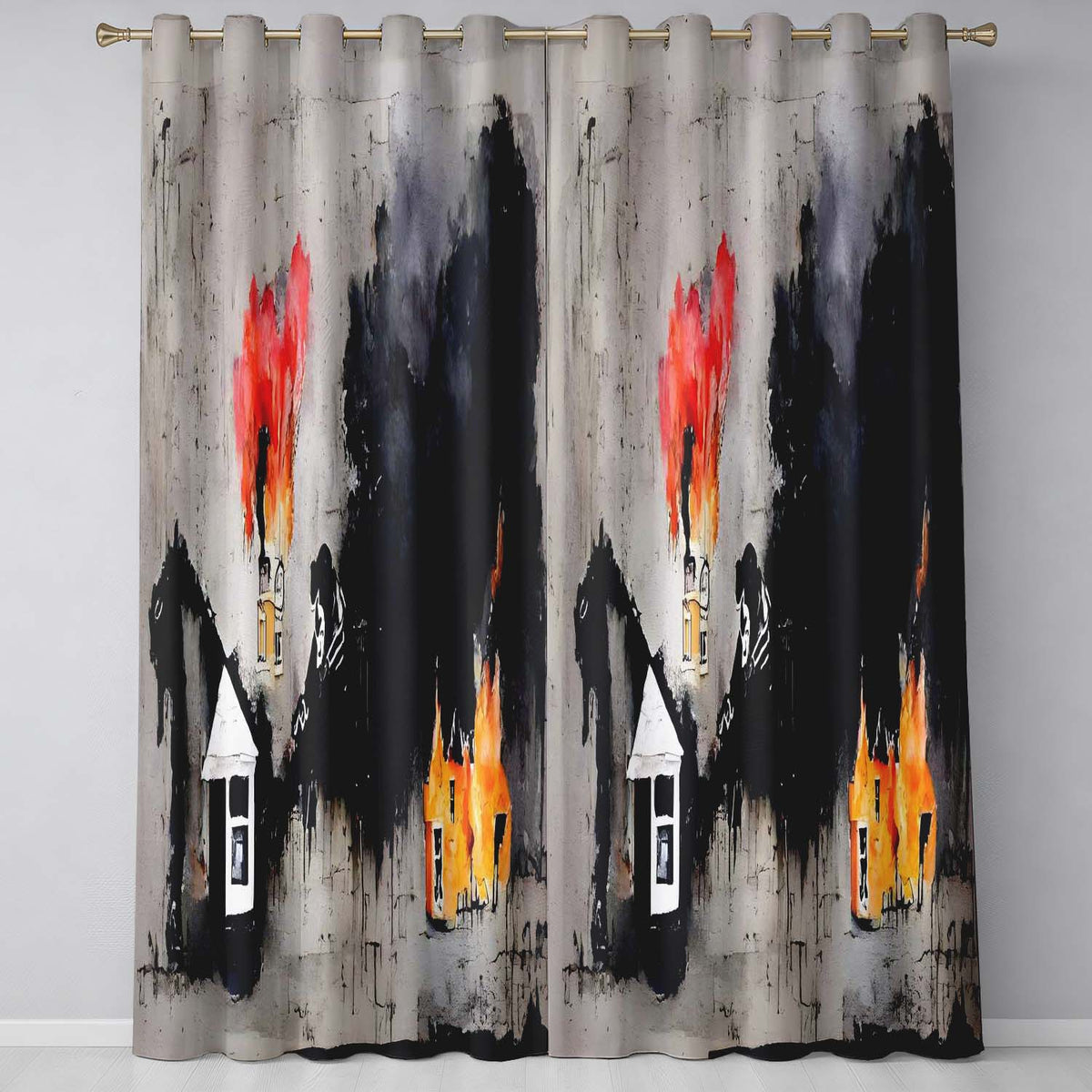 Burning Houses Anti War Street Art Creative Striking Design for Modern Home Decor Readymade Eyelet Ring Top Thermal 100% Blackout Curtains