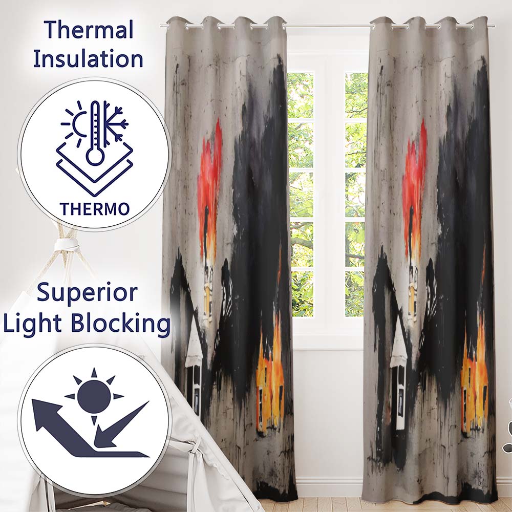 Burning Houses Anti War Street Art Creative Striking Design for Modern Home Decor Readymade Eyelet Ring Top Thermal 100% Blackout Curtains