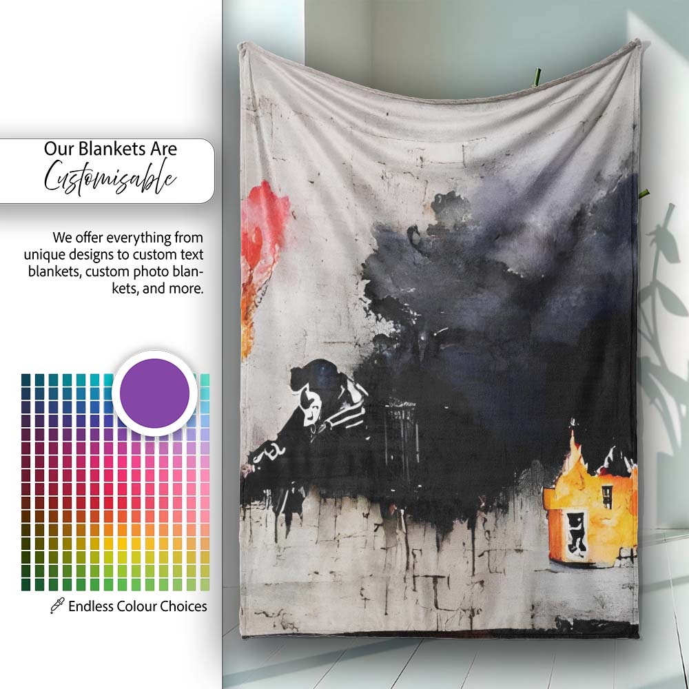 Burning Houses Anti War Street Art, Cozy Home Decor, All Season Comfort, Modern Interior Accent - Super Soft Fleece Blanket Bed Sofa Throw
