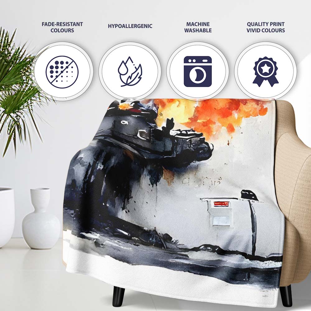 Burning Tank Anti War Graffiti, Cozy Home Decor, Bedroom Living Room Accent, All Season Comfort - Super Soft Fleece Blanket Bed Sofa Throw
