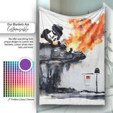 Burning Tank Anti War Graffiti, Cozy Home Decor, Bedroom Living Room Accent, All Season Comfort - Super Soft Fleece Blanket Bed Sofa Throw