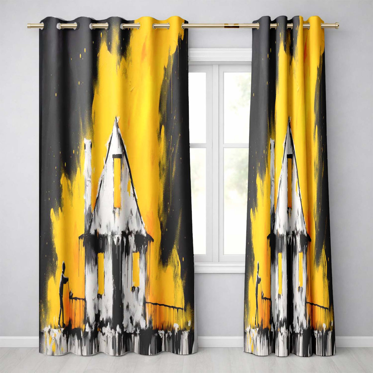 Child Painting Burnt House Street Art Contemporary Vibrant Artwork for Home Decor Readymade Eyelet Ring Top Thermal 100% Blackout Curtains