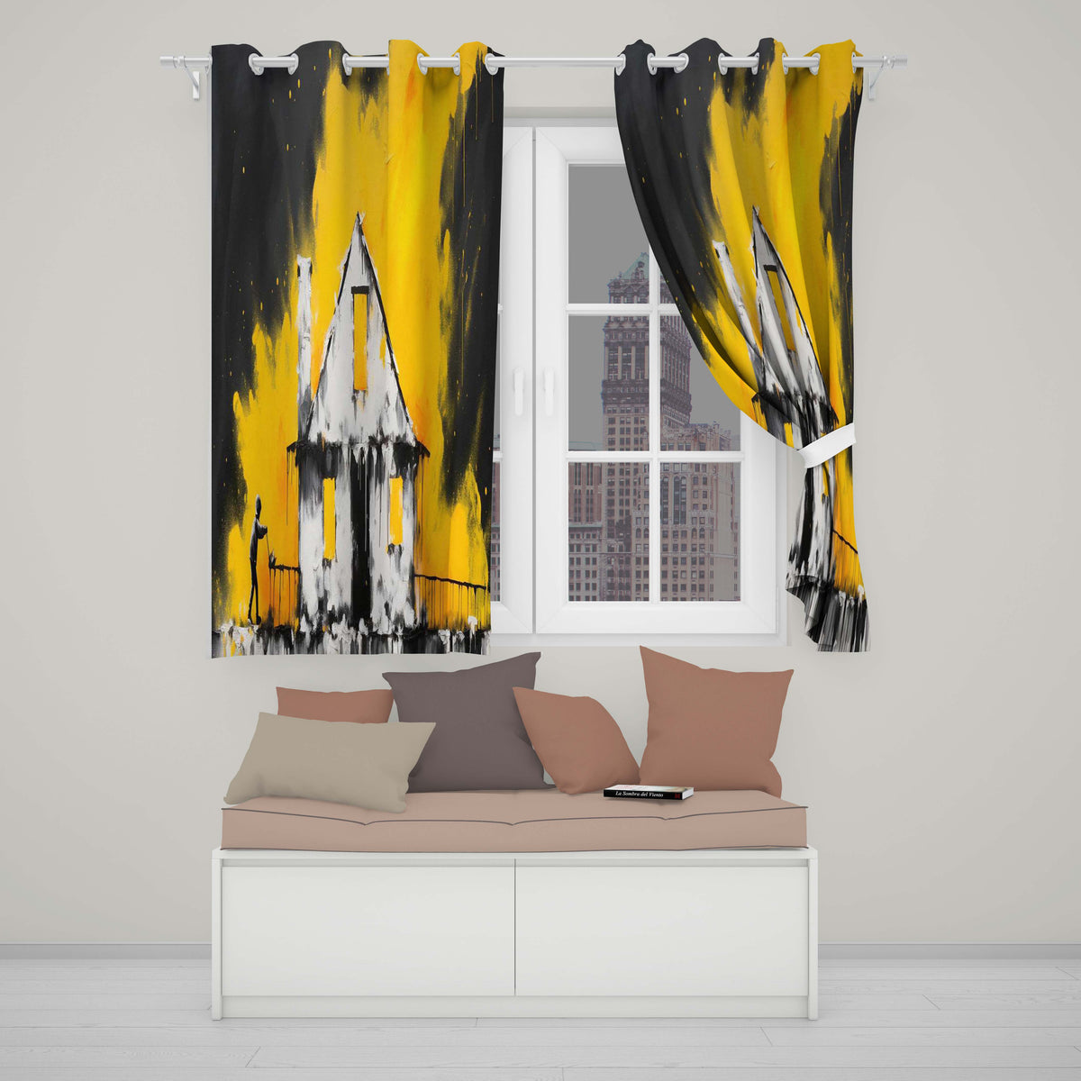 Child Painting Burnt House Street Art Contemporary Vibrant Artwork for Home Decor Readymade Eyelet Ring Top Thermal 100% Blackout Curtains