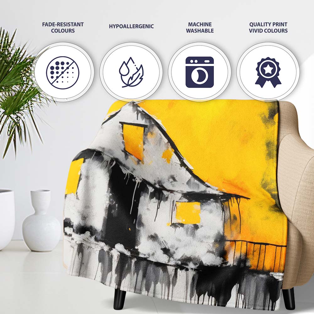 Child Painting Burnt House Street Art, Bedroom Living Room Accent, Thoughtful Housewarming Gift - Super Soft Fleece Blanket Bed Sofa Throw