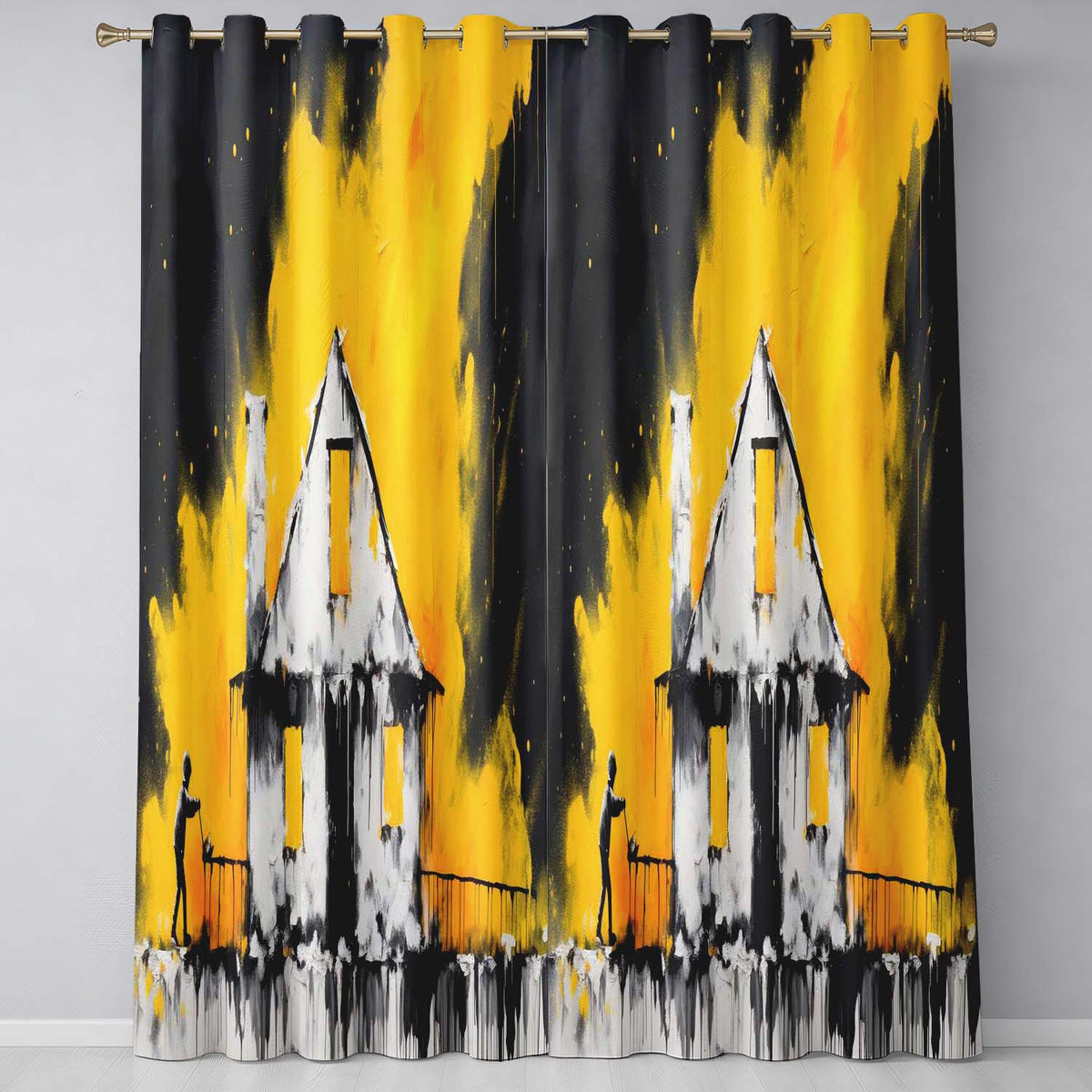 Child Painting Burnt House Street Art Contemporary Vibrant Artwork for Home Decor Readymade Eyelet Ring Top Thermal 100% Blackout Curtains