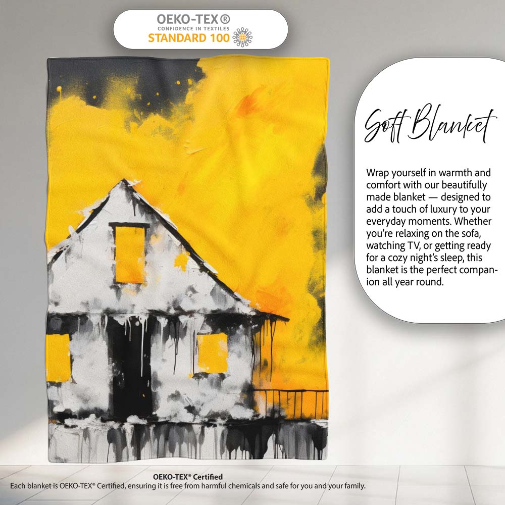 Child Painting Burnt House Street Art, Bedroom Living Room Accent, Thoughtful Housewarming Gift - Super Soft Fleece Blanket Bed Sofa Throw