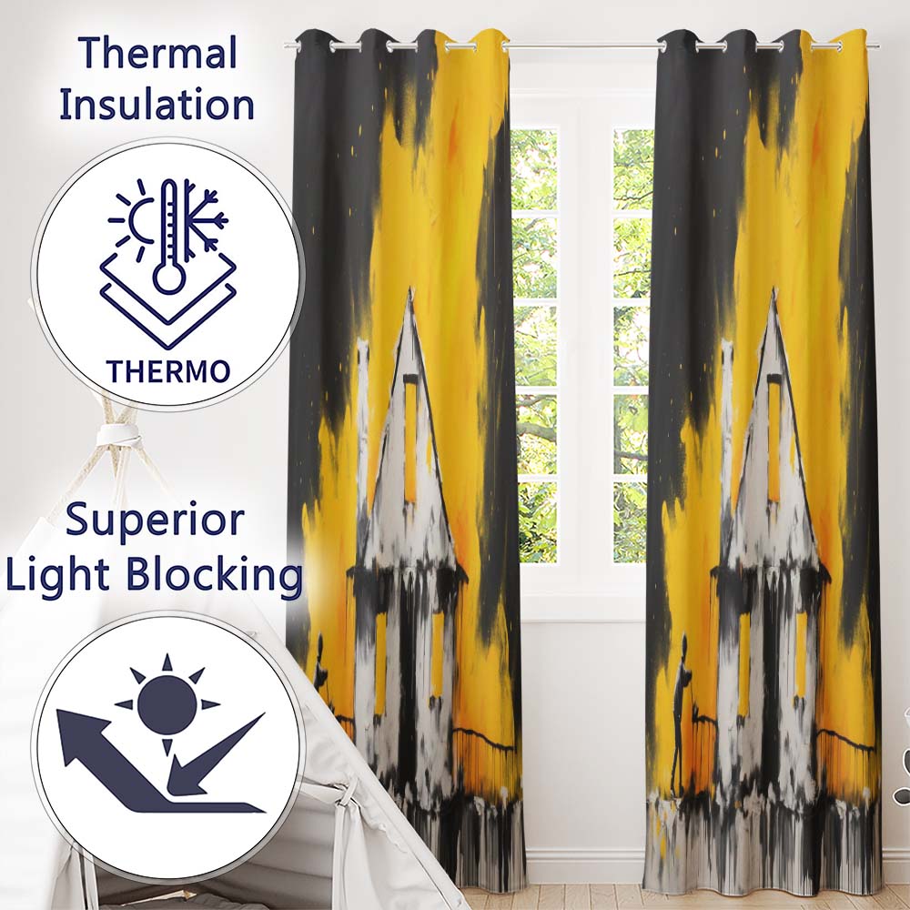 Child Painting Burnt House Street Art Contemporary Vibrant Artwork for Home Decor Readymade Eyelet Ring Top Thermal 100% Blackout Curtains