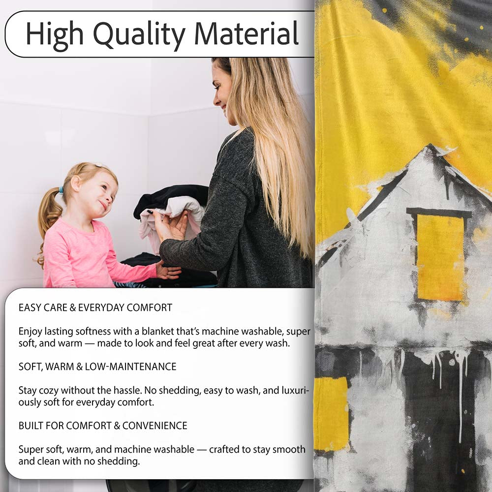Child Painting Burnt House Street Art, Bedroom Living Room Accent, Thoughtful Housewarming Gift - Super Soft Fleece Blanket Bed Sofa Throw