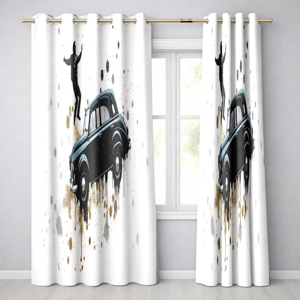 Man Dancing on Classic Black Car Street Art Vibrant Artwork for Living Room Decor Readymade Eyelet Ring Top Thermal 100% Blackout Curtains
