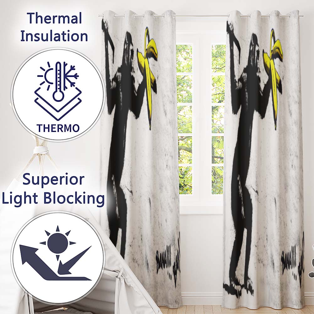 Monkey Holding Banana Urban Graffiti Vibrant Elegant Design for Modern Home Decor Readymade Eyelet Ring Top Thermal 100% Blackout Curtains