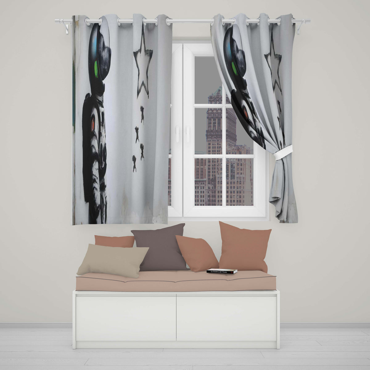 Cat Astronaut Watching Falling Star Street Art Unique Bold Artwork for Home Decor Readymade Eyelet Ring Top Thermal 100% Blackout Curtains