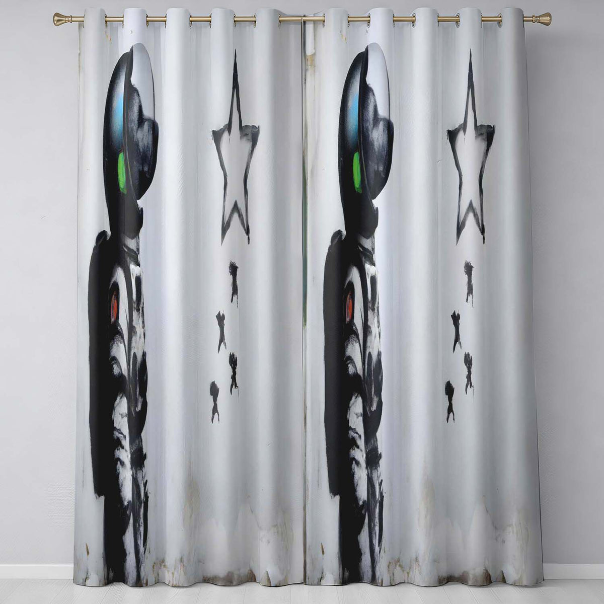 Cat Astronaut Watching Falling Star Street Art Unique Bold Artwork for Home Decor Readymade Eyelet Ring Top Thermal 100% Blackout Curtains