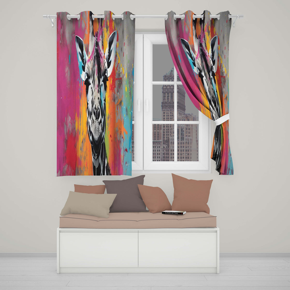 Colour Splash Giraffe Portrait Graffiti Stylish Bold Design for Modern Home Decor Readymade Eyelet Ring Top Thermal 100% Blackout Curtains