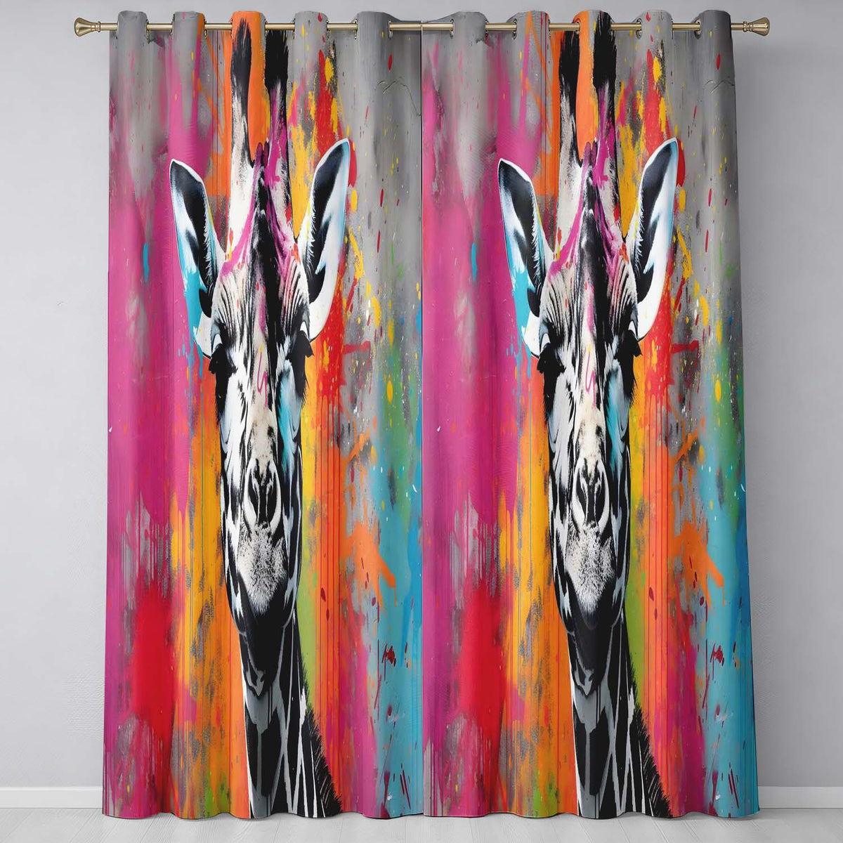 Colour Splash Giraffe Portrait Graffiti Stylish Bold Design for Modern Home Decor Readymade Eyelet Ring Top Thermal 100% Blackout Curtains