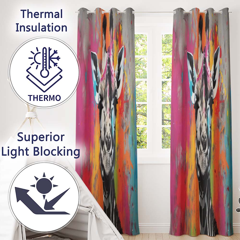 Colour Splash Giraffe Portrait Graffiti Stylish Bold Design for Modern Home Decor Readymade Eyelet Ring Top Thermal 100% Blackout Curtains