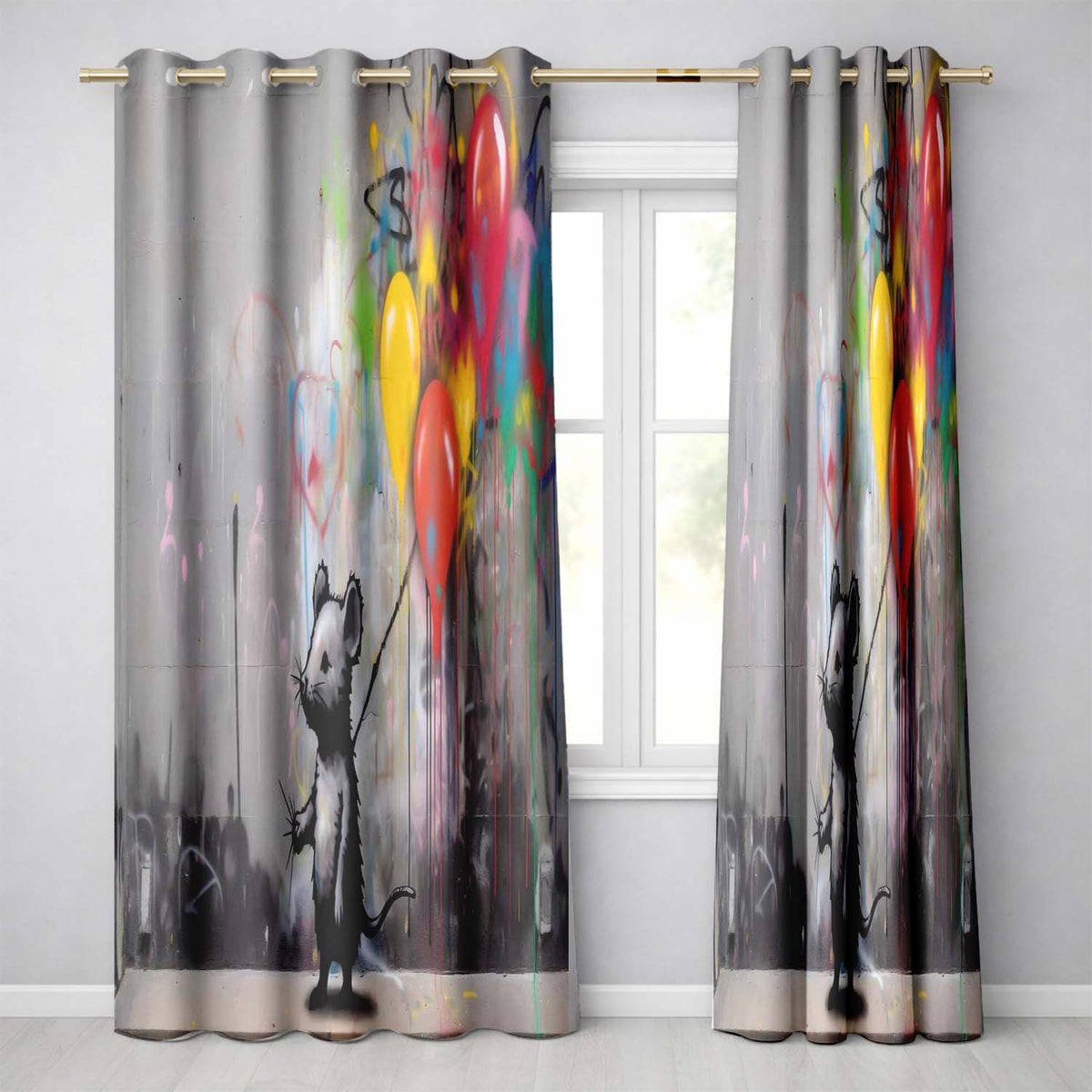 Mouse Holding Colourful Balloons Street Art Modern Elegant Artwork for Home Decor Readymade Eyelet Ring Top Thermal 100% Blackout Curtains