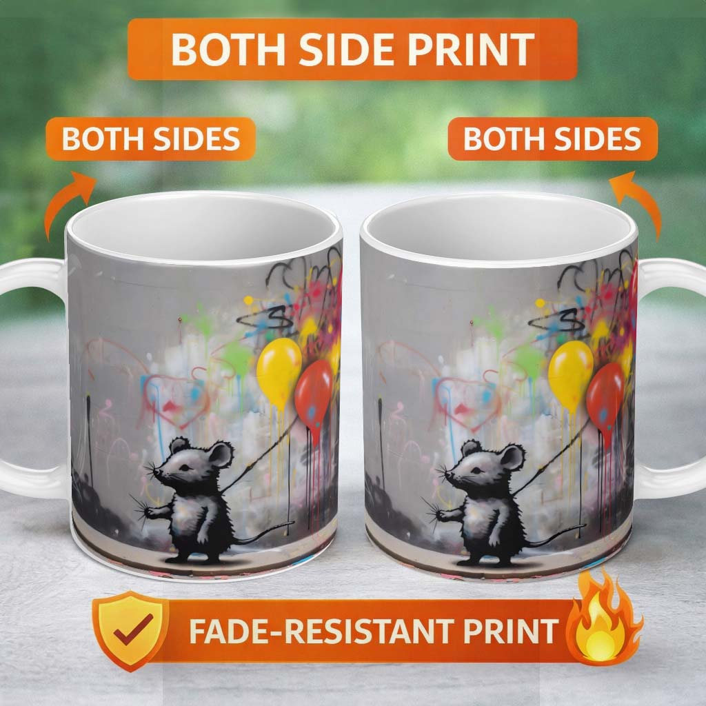 Mouse Holding Colourful Balloons Street Art 11oz Ceramic Coffee Tea Mug White Large Handle