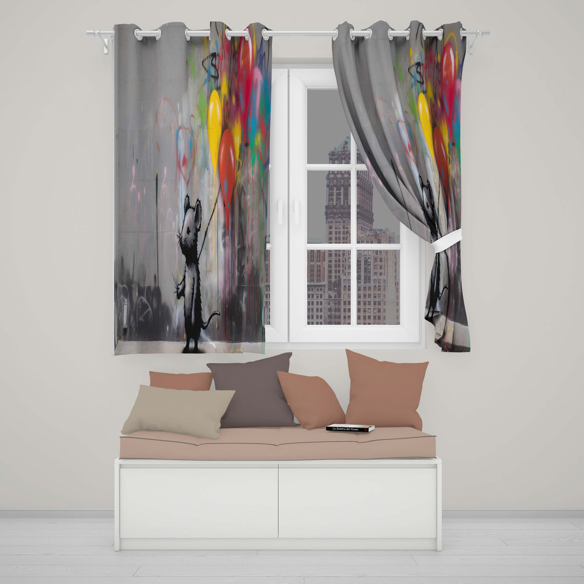 Mouse Holding Colourful Balloons Street Art Modern Elegant Artwork for Home Decor Readymade Eyelet Ring Top Thermal 100% Blackout Curtains