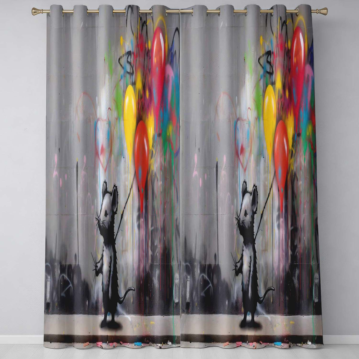 Mouse Holding Colourful Balloons Street Art Modern Elegant Artwork for Home Decor Readymade Eyelet Ring Top Thermal 100% Blackout Curtains