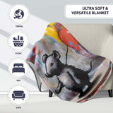 Mouse Holding Colourful Balloons Street Art, Bedroom Living Room Accent, Unique Artistic Design - Super Soft Fleece Blanket Bed Sofa Throw