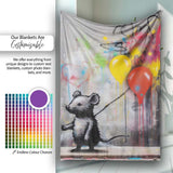 Mouse Holding Colourful Balloons Street Art, Bedroom Living Room Accent, Unique Artistic Design - Super Soft Fleece Blanket Bed Sofa Throw