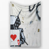 Robot Holding Ace of Hearts Playing Card Street Art, All Season Comfort, Modern Interior Accent - Super Soft Fleece Blanket Bed Sofa Throw