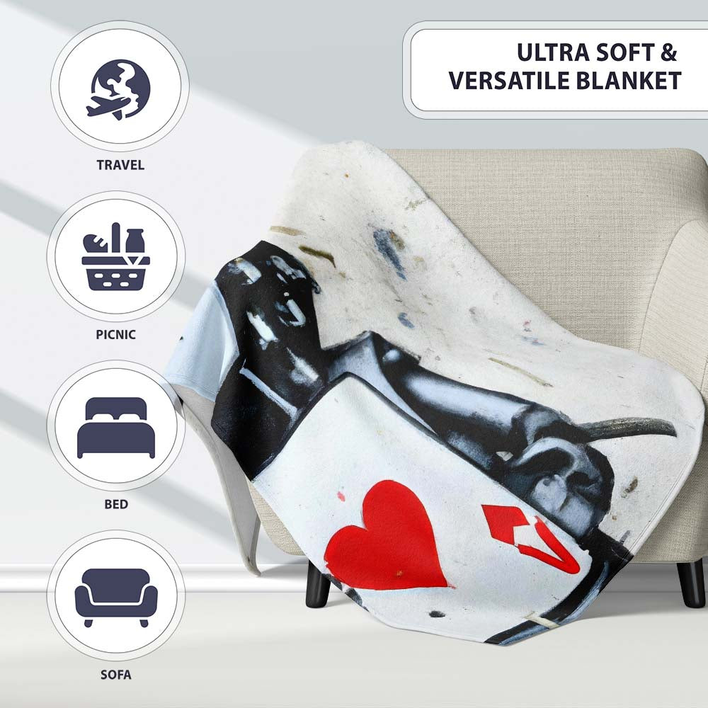Robot Holding Ace of Hearts Playing Card Street Art, All Season Comfort, Modern Interior Accent - Super Soft Fleece Blanket Bed Sofa Throw