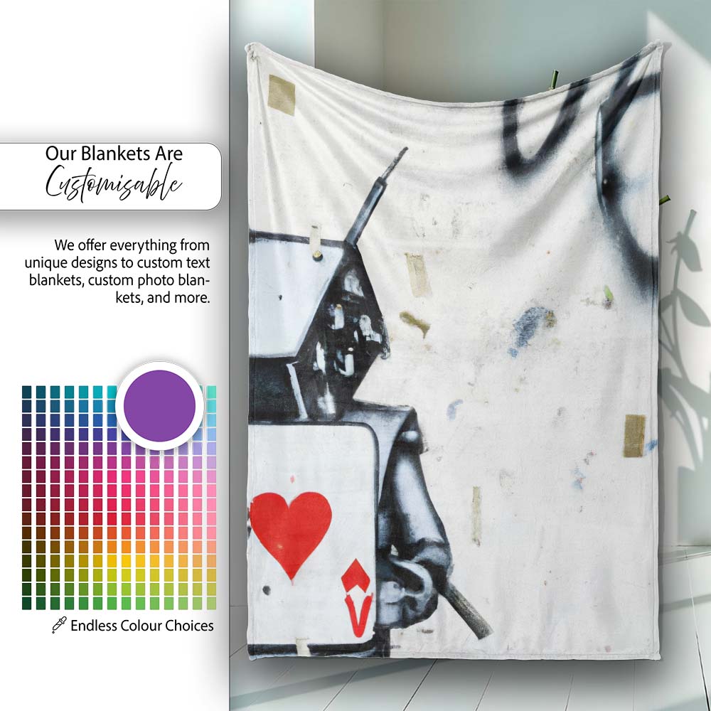 Robot Holding Ace of Hearts Playing Card Street Art, All Season Comfort, Modern Interior Accent - Super Soft Fleece Blanket Bed Sofa Throw