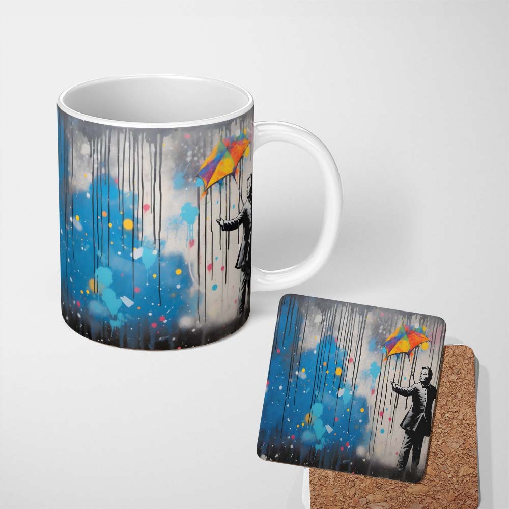 Man with Rainbow Umbrella in the Rain Graffiti 11oz Ceramic Coffee Tea Mug White Large Handle