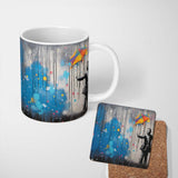 Man with Rainbow Umbrella in the Rain Graffiti 11oz Ceramic Coffee Tea Mug White Large Handle