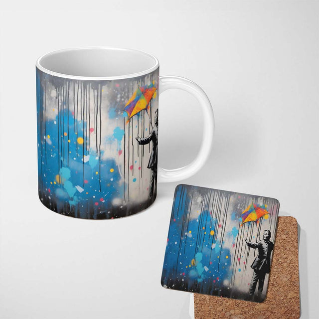 Man with Rainbow Umbrella in the Rain Graffiti 11oz Ceramic Coffee Tea Mug White Large Handle