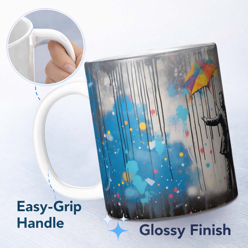 Man with Rainbow Umbrella in the Rain Graffiti 11oz Ceramic Coffee Tea Mug White Large Handle