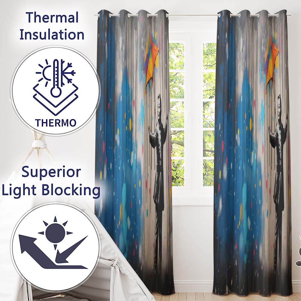 Man with Rainbow Umbrella in the Rain Graffiti Striking Artwork for Bedroom Decor Readymade Eyelet Ring Top Thermal 100% Blackout Curtains