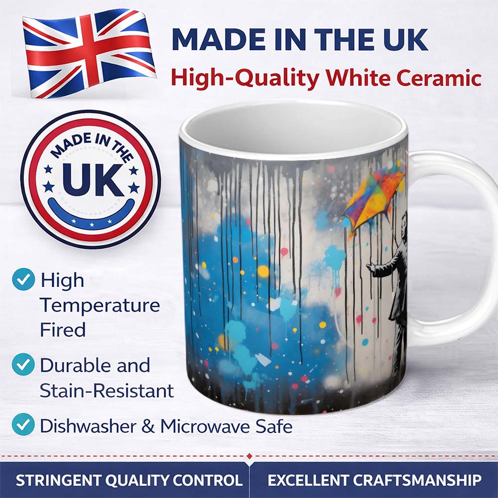 Man with Rainbow Umbrella in the Rain Graffiti 11oz Ceramic Coffee Tea Mug White Large Handle