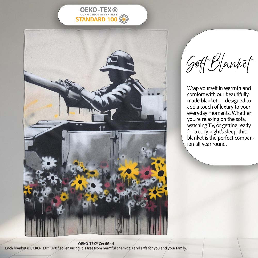 Tank Surrounded by Wildflowers Anti War Street Art, All Season Comfort, Stylish Room Decoration - Super Soft Fleece Blanket Bed Sofa Throw